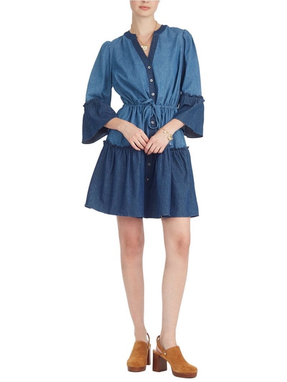 Draper James Blue Tiered Button-Front Denim Mini Dress